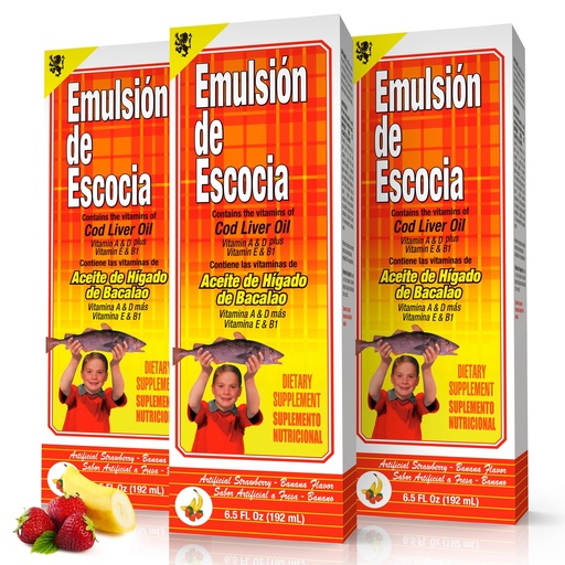 [BRSREFLQPMCRADTV] Emulsion de Escocia Strawberry Banana Flavor with Vitamins and Cod Liver Oil for Kids and Adults | Pleasant Taste | Immune and General Health Support | 6.5 Oz | 3-Pack