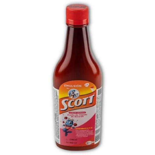[BRSRAFQZCN6GOAA3] Emulsion de Scott Sabor Cereza (Cherry) (360 ml - 12.17 Fl Oz) Aceite de hígado de bacalao con vitamina A y Calcio, suplemento dietético para niños -