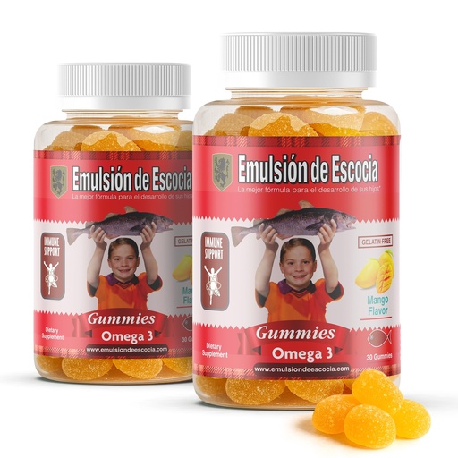 [BRSREGQ7A57GYCY6] Emulsión de Escocia Omega 3 Gummies for Kids – with Vitamins A, B1, D3 & E + Zinc & Iron – Mango Flavor with No Fishy Aftertaste – Immune & Liver Support – 30 Gummies | 2-Pack