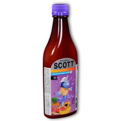 [BRSRAEDYBYGWMYLZ] Emulsion de Scott - Sabor Frutas Tropicales (tropical fruit) (360 ml - 12.17 Fl Oz) - Aceite de hígado de bacalao - con vitamina A y Calcio, suplemento dietético para niños, despensa Colombiana
