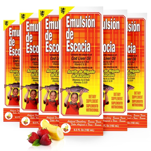 [BRSRGY36OV6Q4DTK] Emulsion de Escocia Strawberry Banana 6-Pack – Cod Liver Oil Liquid Supplement for Kids – Omega-3 Fish Oil with Vitamins A, D, E & B1 – Immune Support & Growth – 6.5 Fl Oz Bottles – Omega 3 for Kids