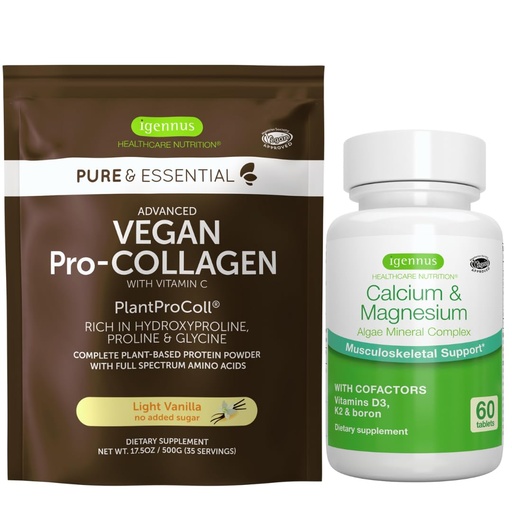 [BRSROFL7CUBA43D2] Vegan Vanilla Collagen Protein Powder + Calcium & Magnesium Complex Bundle, Comprehensive Bone Support, by Igennus