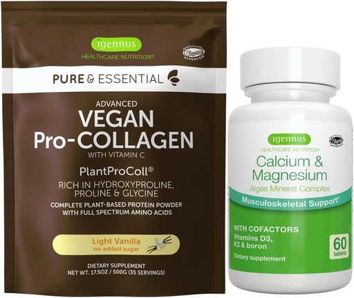[BRSROFL7CUBA43D2] Vegan Vanilla Collagen Protein Powder + Calcium & Magnesium Complex Bundle, Comprehensive Bone Support, by Igennus