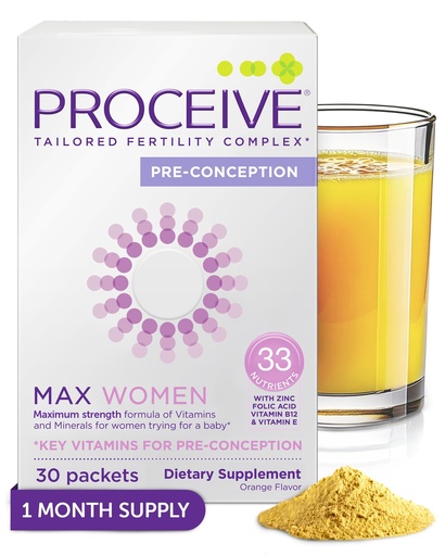[BRSWGFIPBEJQIALV] Proceive Max Tailored Fertility Supplement for Women, Pre Conception Vitamins, Minerals, and Amino Acids with Vitamin D, Zinc, Myo Inositol, and Folate, 30 Vegan Drink Mix Packets, Orange Flavor