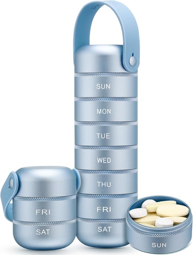 [BRSROEL3BAOWYA34] Zannaki Metal Weekly Pill Organizador, Large Travel Pill Box 7 Day, Waterproof Daily Pill Case con Silicone Handle, Aluminio Alloy Portable Pill Container for Vitamina, Medicina, Suplemento, Pills