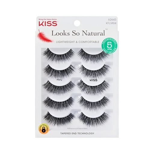 [BRSWG2QROQPGMF3K] KISS Looks So Natural False Eyelashes Multipack, Lightweight & Comfortable, Tapered End Technology, Reusable, Cruelty-Free, Contact Lens Friendly, Style 'Flirty', 5 Pairs Fake Eyelashes