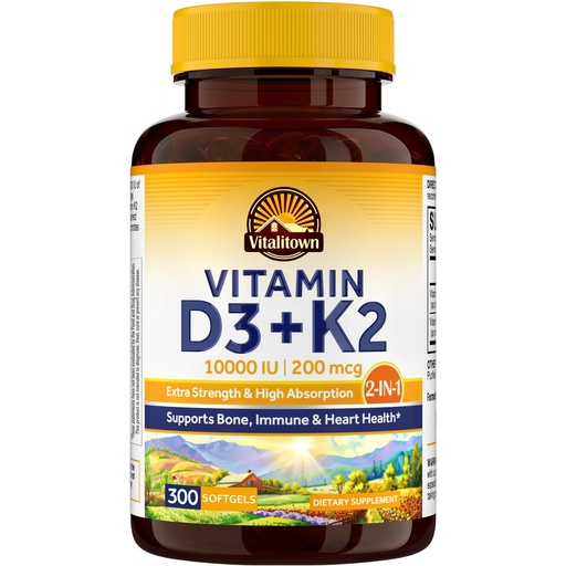 [BRSWYBL3A56R6CT7] Vitalitown Vitamin D3 K2 Supplement, Vitamin D3 10000 IU Vitamin K2 (MK7) 200 mcg, 300 Softgels, Non-GMO, No Gluten & Soy, for Bone, Teeth, Immune & Heart Health