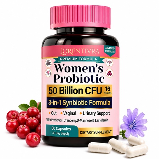 [BRSRGCTRCF6G22AZ] Women's Probiotic 50 Billion CFU 16 Strains, 3-in-1 Synbiotic with Prebiotics, D-Mannose, Cranberry & Lactoferrin for Gut, Vaginal & Urinary Tract Health, Shelf-Stable, 60 Capsules