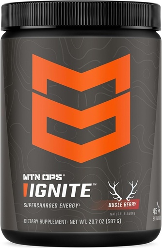 [BRSRMEL3OAFBOCLU] MTN OPS Ignite Energy Drink Powder, Gluten Free Nootropic Supplement Drink Mix, L Arginine, L Citrulline, Caffeine & Nootropic Sugar Free Drink Mix, 45 Servings, Bugle Berry