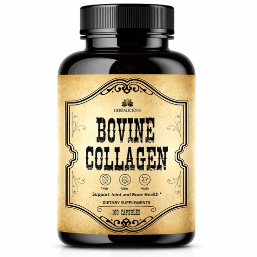 [BRSROEAQC57GKELL] HERBALICIOUS Bovine Collagen Supplements for Men and Women | Hydrolyzed Grass-Fed Bovine Collagen Peptides | Joint, Nerve & Bone Support | Non-GMO, Anti-Aging | 100 Capsules
