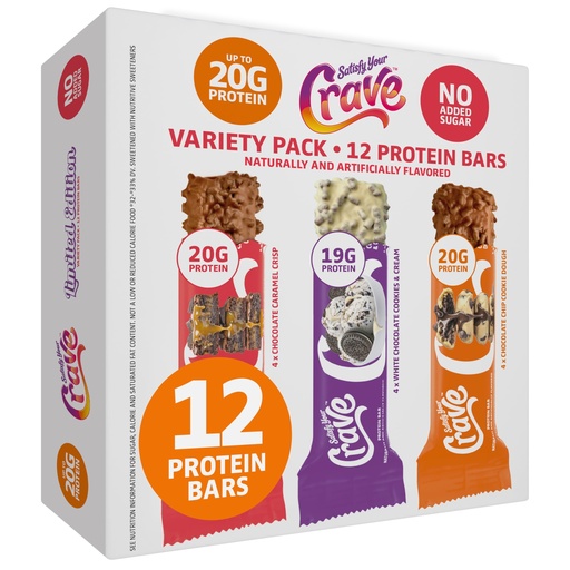 [BRSRGFA6CN6GCCTD] Satisfy Your Crave Protein Bars- High Protein Delicious Snacks- 19-20g of Protein, No Added Sugar- Variety Pack- Cookie Dough, Choc Caramel, Cookies & Cream- On-the-Go Snack, Pantry Staple & for Office, 12 Pack