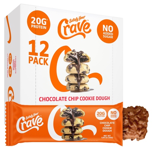 [BRSRGFA6BFYAAGY2] Satisfy Your Crave Protein Bars– High Protein Delicious Snacks– 20g of Protein, No Added Sugar– Chocolate Chip Cookie Dough– Perfect for Breakfast, On-the-Go Snack, Pantry Staple & Office Treat– Non-GMO, 12 Pack