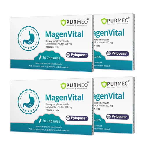 [BRSREEIPCQFRAEQ4] purmeo 4 Pack MagenVital Pylopass H. Pylori Probiotic Supplement - 1 Per Day - Gastritis, Acid Reflux, Heartburn, Stomach Lining Repair - Lactobacillus Reuteri DSM17648 - Made in Germany