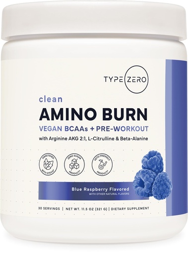 [BRSRGFAZB56AEF3J] Type Zero Amino Burn - Vegan BCAA + Clean Pre Workout Powder with Arginine AKG, L-Citrulline & Beta Alanine - Amino Acid Clean Energy, Endurance & Hydration Supplement - Blue Raspberry, 30 Servings