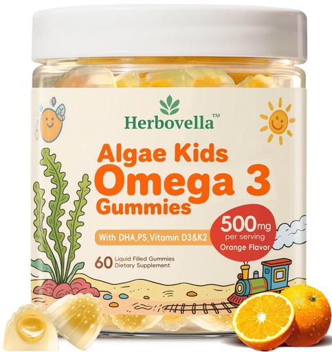[BRSREA34BZ5RYCDJ] Algae Omega 3 Gummies for Kids - 500mg with DHA, Phosphatidylserine, Vitamin D3 & K2 - Sugar Free DHA Supplement for Brain& Eye - Fish Oil Alternative - Vegan, 60 Count