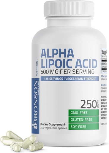 [BRSRMEI6DIFAA3L6] Bronson Alpha Lipoic Acid 600mg Free Radical Scavenger Supports Health - Non-GMO, 250 Vegetarian Capsules (125 Servings)