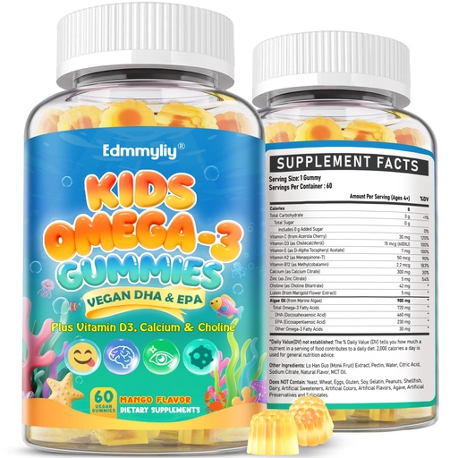 [BRSREHA3O4FBQHLU] Kids Omega 3 Gummies - Algae Omega3 with Choline, Lutein, Vitamin D3 B12, Calcium, Zinc for Kids Brain Development, Eye, Energy & Immune Support - Daily Omega 3 Gummy - Sugar-Free & No Fish Taste