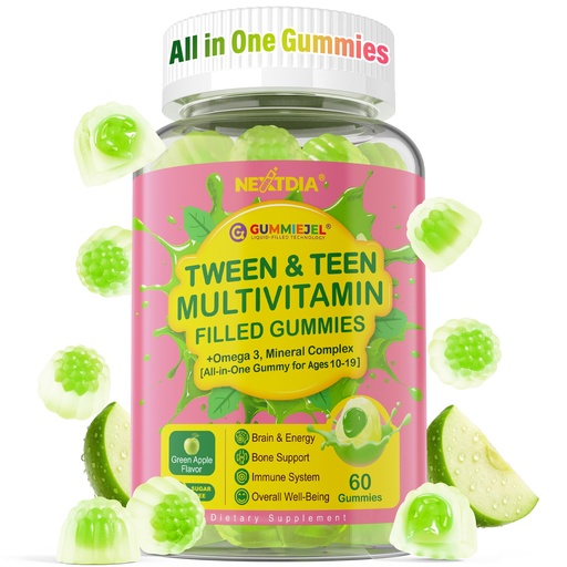 [BRSRGGIQPMPQ4CL2] Nextdia Multivitamin Filled Gummies with Iron for Teen Boys Girls 12-17, 18, 19, Kids 10+ Multivitamin with Omega 3, Magnesium + Zinc, Multi-Minerals for Adolescent 10-19S Brain, Bone, Energy, Immune
