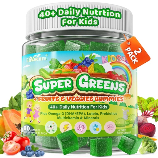 [BRSREBILDN5QODI7] Kids Super Greens Gummies, w/Multivitamins, 20+ Veggie Fruit, Prebiotics, Calcium, Omega-3 (DHA/EPA), Kids Vitamins Greens Superfood Gummies for Picky Eater Growth, Energy, Immune, Digestion, 2 Pack