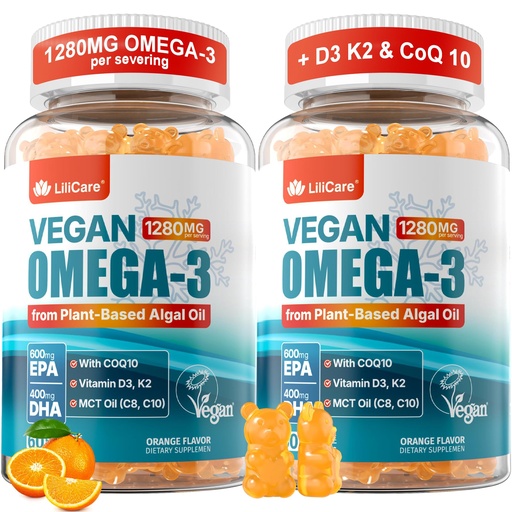 [BRSRAFQ6CUNRYGY6] Vegan Omega-3 Gummies for Women, EPA 600mg & DHA 400mg, Omega 3 Fish Oil Alternative for Adults w/CoQ10, Vitamin D3 K2, No Fish Taste Omega 3 Fatty Acids Supplements, for Brain, Eye, Immune, 2 Pack