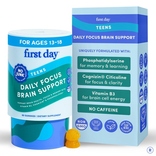 [BRSREAIHCACBOELP] FIRST DAY Teen Brain & Focus Supplement Gummies Ages 13–18 | Study & Concentration Support with Cognizin® Citicoline & Phosphatidylserine | Vegan, Non-GMO, Caffeine-Free | 30-Day Supply