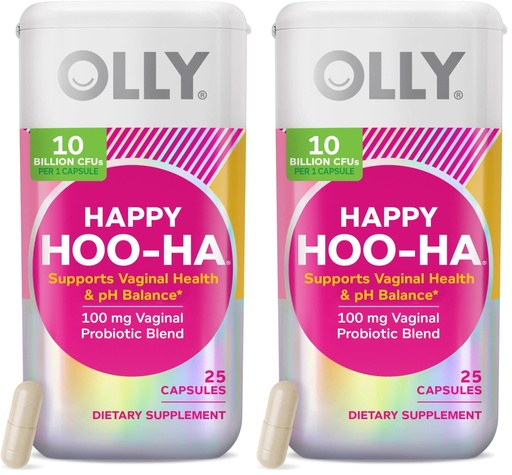 [BRSREEIQO54B4C3D] OLLY Happy Hoo-Ha Capsules, Probiotics for Women or People wth Vaginas, Vaginal Health and pH Balance, * 10 Billion CFU, Gluten Free, 25 Count (Pack of 2)