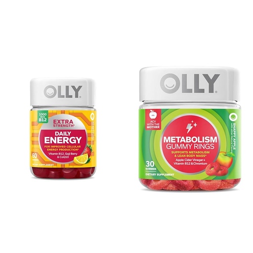 [BRSROBQEBMMRYCL4] OLLY Extra Strength Daily Energy Gummy, Caffeine Free, 1000mcg Vitamin B12, CoQ10, Goji Berry & Metabolism Gummy Rings, Apple Cider Vinegar, Vitamin B12, Chromium, Energy and Digestive Health