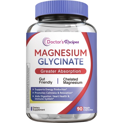 [BRSWYGTYDEBG2CDJ] Doctor's Recipes Magnesium Glycinate Supplement, Amino Acid Chelated, Non Buffered, High Absorption, Easy on Stomach, Support Calm, Bone, Heart, Energy, Nerve, 90 Vegan Capsules