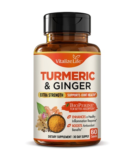 [BRSRABI7CB4BQYA4] Organic Turmeric and Ginger Supplement Capsules – Made in USA – Extra Strength with BioPerine and 95% Curcuminoids for Joint Health and Healthy Inflammation Support – 60 Vegan Pills