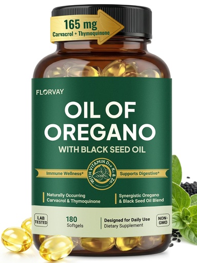 [BRSRGGT6CMMRG3DV] Oil of Oregano with Black Seed Oil Softgels, All-in-1 Immune Support Formula with Ultra-High Potency oregano leaf extract, 165mg Carvacrol & Thymoquinone, Non-GMO, 180 Wild Oregano Oil Capsules