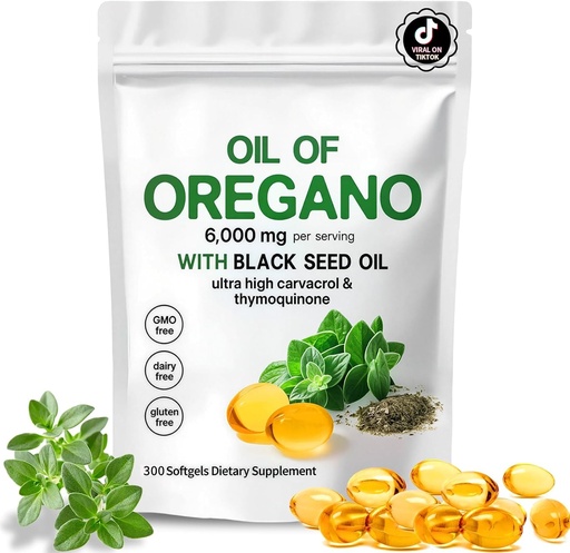 [BRSRGHYOBEJW23TD] Oil of Oregano with Black Seed Oil,3-in-1 Oregano Oil Capsules Organic,6000mg Per Serving,300 Softgels,4X Strength Carvacrol & Thymoquinone,Non-GMO,Gluten Free & Immune Support