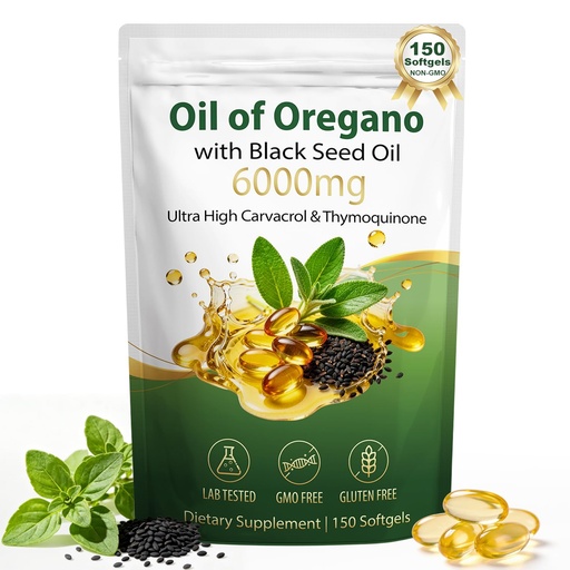 [BRSRGBIBBAFWMALU] Oil of Oregano with Black Seed Oil Softgels 6000mg - 150 Count Organic Oregano Oil Capsules with 165mg Carvacrol for Immune & Digestive Support, Herbal Supplement, Non-GMO