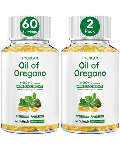 [BRSREFQYBENRM3D7] Oil of Oregano with Black Seed Oil, 6000mg Oregano Oil Capsules Organic with Carvacrol & Thymoquinone, 2 in 1 Supplement for Immune Health, Non-GMO, Easy to Swallow, 2 Bottle, Total 120 Softgels