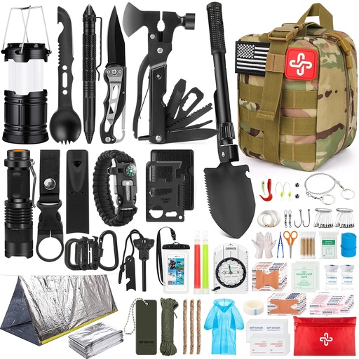 [BRSW2CQOCF5GGCLH] Survival Kit, 250Pcs Survival Gear First Aid Kit with Molle System Compatible Bag and Emergency Tent, Emergency Kit for Earthquake, Outdoor Adventure, Hiking, Hunting, Gifts for Men Women