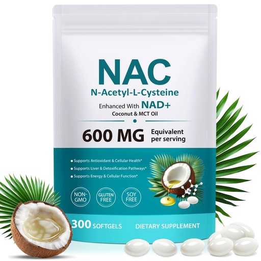 [BRSRGBQNAUBRSELD] NAC Supplement (N-Acetyl Cysteine) Softgels with NAD+, Coconut Oil & MCT Oil, Non-GMO, Gluten Free, 300 Count