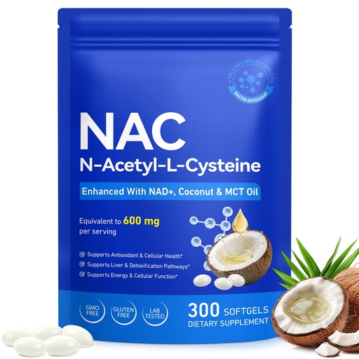[BRSRGAI7DMHBMF3D] NAC Softgels 600mg Per Serving - NAD+ Enhanced N-Acetyl Cysteine with Coconut & MCT Oil for Superior Absorption, Antioxidant, Liver Detox & Cellular Health, Non-GMO, Gluten-Free, 300 Count
