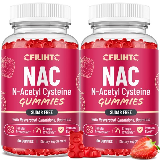 [BRSREYY5CMPRYDY7] CFILIHTC (2 Pack) NAC Gummies 600mg, N Acetyl Cysteine Supplement with Glutathione, Resveratrol, Magnesium, CoQ10, NAC Chewable for Antioxidants & Immune Support, Strawberry Flavor 120 Gummies