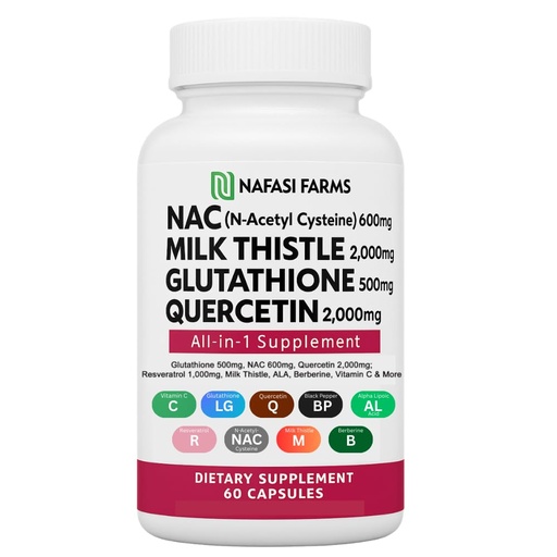[BRSREHAYCEJW22A2] All-in-one NAC Supplement N-Acetyl Cysteine, Quercetin, Milk Thistle, Glutahione, Vitamin C, Black Pepper Extract, Resveratrol, Alpha Lipic Acid, Berberine All Natural 60 Capsules.