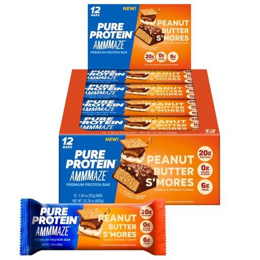 [BRSRGZQ2CUOQOA3J] Pure Protein AMMMAZE Peanut Butter S’mores Bars, 20g Protein, 6g Fiber, 5g Net Carbs, No Added Sugar, High Protein Snack, 12 Count – Meal Replacement Bar for On-the-Go
