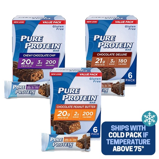 [BRSRMADRBMCWOCI6] Pure Protein Bars, Chewy Chocolate Chip, Chocolate Deluxe, Chocolate Peanut Butter - Box of 6-3 Boxes - 1 Box of each flavor