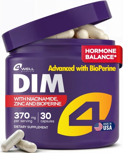[BRSRABL5AUJQGFD7] 4Well Products Dim Supplement 370mg Complex with Zinc, Niacinamide - Estrogen Blocker for Women & Men, Hormone Balance - Hormonal Acne, Menopause and Antioxidant Support, Diindolylmethane 30 Capsules