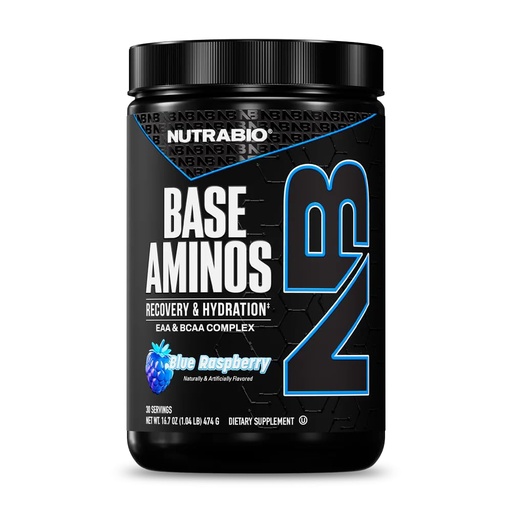 [BRSWYZT3CB5ROHLG] NutraBio Base Aminos EAA + BCAA Powder - 10g Essential Amino Acids Supplement, 6g 2:1:1 BCAAs, 2.8g Hydration Matrix with Electrolytes & Absorption Enhancer AstraGin - 30 Servings - Blue Raspberry