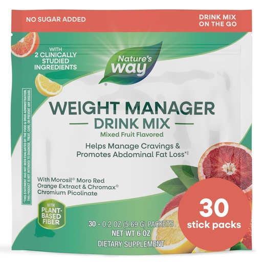 [BRSRABLYOEMBGDTA] Nature's Way Weight Manager Drink Mix Packets, Supports Craving Management & Abdominal Fat Loss*(1), with Clinically Studied Ingredients, Plant-Based Fiber, No Sugar, Mixed Fruit Flavored, 30 Packets