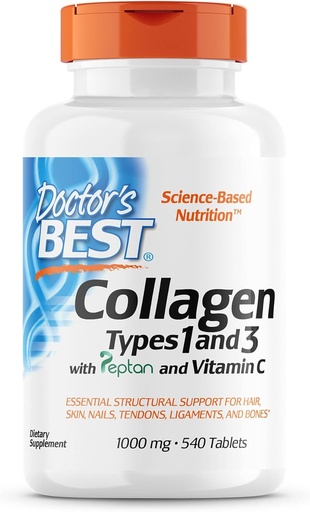 [BRSWIGQ7AQFGC3TA] Doctor's Best Collagen Types 1 & 3 with Peptan, Non-GMO, Gluten Free, Soy Free, Supports Hair, Skin, Nails, Tendons & Bones, 1000 Mg, 540 Tablets