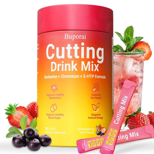 [BRSRGBTRCR6BYG3U] Cutting Mix, Cutting Drink Mix, Berberine, Chromium, FOS, Yerba Mate & 5-HTP, Energy & Gut Health, Metabolic Support, Vegan, Sugar-Free, Non-GMO, 30 Stick Packs