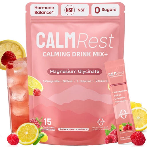 [BRSRGZYTOIHRMCD6] Calm Magnesium Powder Cortisol Supplement for Women, Hormone Balance Support* for Sleep & Relax Supports, No Sugar, Raspberry Lemonade,15Ct