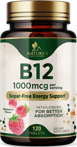[BRSREYYLAQIRA2TK] Vitamin B12 - 1000 mcg Per Serving Maximum Strength Methylcobalamin B-12 Chewable Tablet - Energy, Nervous System & Brain Support - Fast Dissolve, Gluten-Free, Non-GMO for Women & Men - 120 Tablets