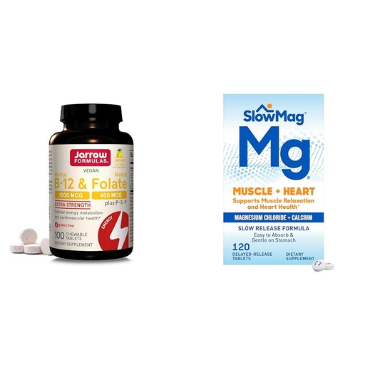 [BRSROBQFCUPAIETH] Jarrow Formulas Extra Strength Methyl B-12 1000 mcg & Methyl Folate 400 mcg + P-5-P & SlowMag Muscle + Heart Magnesium Chloride with Calcium Supplement to Support Muscle Relaxation