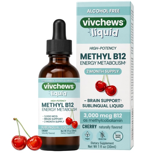 [BRSRGGQ2BYIWOD3K] High-Potency Vegan Methyl B12 Liquid Drops for Energy & Brain Support, 3,000 mcg per Serving, Stevia-Sweetened, Non-GMO, Gluten-Free, Alcohol-Free, 2-Month Supply, Nothing Artificial