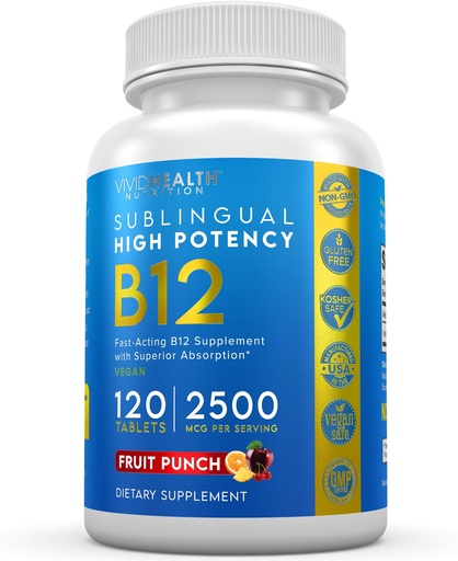 [BRSWGZD6CEDWE33H] Energy Boosting Vitamin B12 Sublingual | Quick Dissolve Vegan B-12 with Methylcobalamin for Metabolic & Brain Support, 120 Fruit Punch Tablets